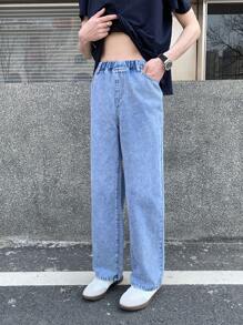 SHEIN Teen Boy Casual Fashion Snow Texture Elastic Waistband Loose Straight Leg Jeans For Teen Boy Clothes Boys Soft Dailywear And Teen Boy Summer And Spring Clothes - Blue - View 1