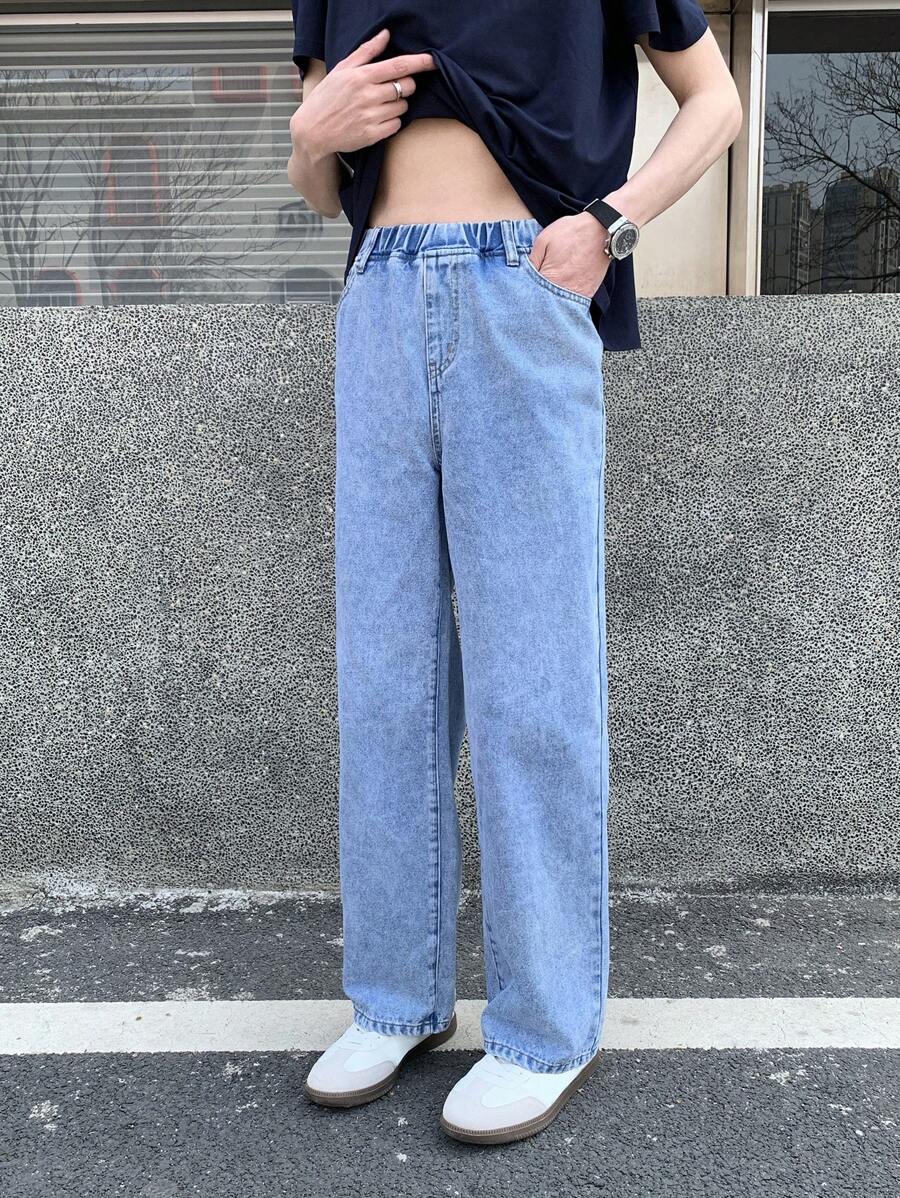 SHEIN Teen Boy Casual Fashion Snow Texture Elastic Waistband Loose Straight Leg Jeans For Teen Boy Clothes Boys Soft Dailywear And Teen Boy Summer And Spring Clothes - Blue - View 1