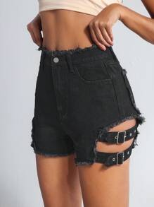 SHEIN Tall Women's Denim Shorts, Fashionable For Summer, Tall Women - Black - View 6