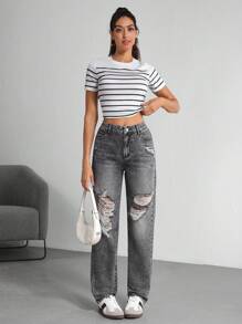 SHEIN Tall Women's Distressed Denim Shorts, Fashionable For Summer - Grey - View 6