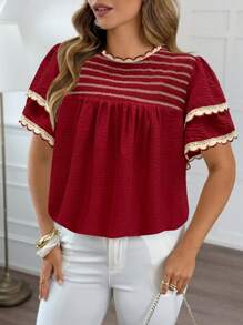 SHEIN MOOSTA Áo cánh tay lửng xếp nếp nhiều lớp phong cách Bohemian thanh lịch cỡ lớn thường ngày - Màu Đỏ Sâu - Xem 4
