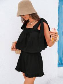 Vivid Eden 100%Cotton 2pcs/Set Leisure Holiday Tie-Up Camisole And Shorts, For Spring And Summer Vacation, A Casual Holiday Outfit, Holiday Summer Beach Outfit,Beach Outfits For Woman ,Festival,Vacation Outfits Woman,Tropical Vacation Woman Clothes - Black - View 6