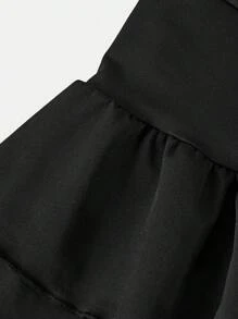 SHEIN Girlism 女童纯色针织可爱荷叶边多层内置短裤迷你裙，Y2K 时尚 - 黑色 - 查看 3