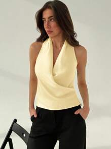 Aloruh 简约办公室领结低胸垂坠修身杏色缎面女士背心 - 黃色 - 查看 5