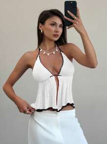 Aloruh 女式钩针针织露背前领无袖短款背心，夏季/度假