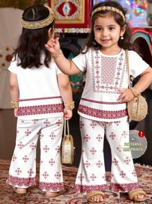 Baby Girl Casual Floral & Geometric Print Short Sleeve Round Neck Top And Pants Set, Suitable For Spring/Summer - Multicolor - View 1