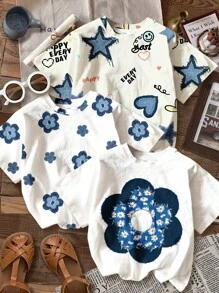 4pcs/Pack Tween Girls Casual Star, Heart & Floral Print Short Sleeve Round Neck T-Shirts, Suitable For Summer - Multicolor - View 4