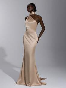 Elitara Champagne Spring Elegant Dinner Evening Satin Mermaid Skirt Dress, Backless Lace-Up Slim-Fitting Khaki Bridesmaid Wedding Guest Party Vacation - Khaki - View 7