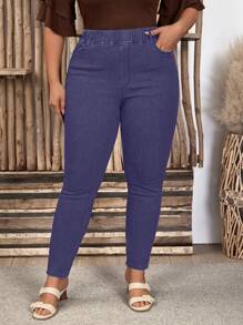 EMERY ROSE Plus Size Women Elastic Waist Pockets Casual Skinny Jeans - Purple - View 6