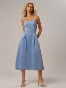 SHEIN Forever 21 夏季新款女士露肩修身A字浅色水洗牛仔长裙 - 淺色水洗藍 - 查看 3