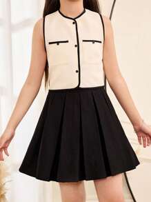 SHEIN Tween Girls Black Pleated Skirt With Oversized Bow Back Design, Casual