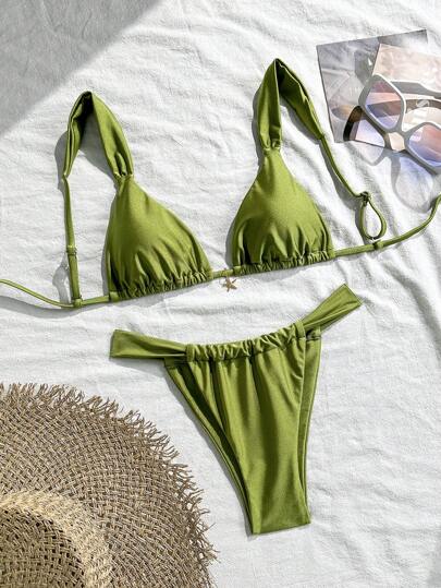 Swim Mod Swim Mod 2 Pieces Set, Vacation Solid Starfish Accent Triangle Top And Thong Bikini Sexy Swimsuit For Ladies For Summer