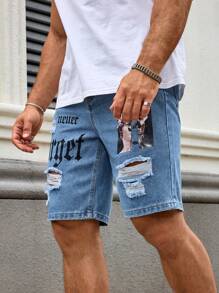 Manfinity LEGND 大码男士大卫字母印花口袋破洞休闲牛仔短裤男士 Emo 风格 - 淺色水洗藍 - 查看 6