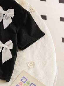 SHEIN 2pcs/Set Young Girl Bow Decor Short Sleeve T-Shirt And Pants, Casual Outfit - Multicolor - View 8