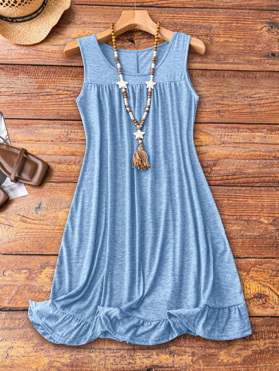 大码女式纯色圆领休闲毛衣连衣裙 - 淺藍色 - 查看 1