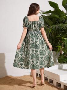 SHEIN Teens Girls Print Pattern Square Neck Puff Sleeve Pleated Waist Fitted Short Dress, Suitable For Summer Outings And Vacations - Dark Green - View 2