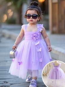 SHEIN Leap Crew Baby Girl Elegant Square Neck Dress With Bow Decor And Layered Mesh, Sweet Formal Party Dress - Purple - View 2
