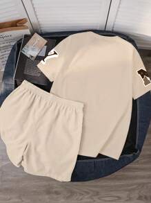 Manfinity Joysei Men's Fashion Loose Knit Retro Short Sleeve Round Neck Letter Print T-Shirt Set, Suitable For Summer Outings - Khaki - View 2