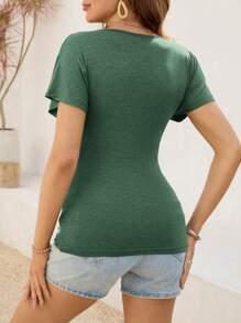 SHEIN Maternity V-Neck Ruched Short Sleeve T-Shirt, Casual Summer - Army Green - View 2