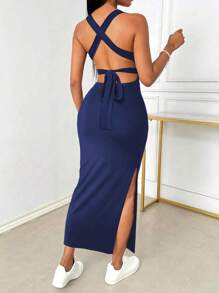 INAWLY Đầm bodycon hở lưng cổ chữ V gợi cảm xẻ đùi dây chéo - Xanh đậm - Xem 3