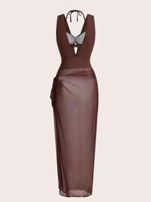 Swim Oasis 1set Women Metal Decor Hollow Out Halter One-Piece Swimsuit Top With Matching Sarong Wrap & Skirt Swimsuit Set, For Vacation For Summer