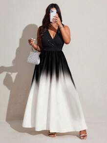 Viva Relle Plus-Size Women's Elegant Gradient Color Slimming Sleeveless Halter Long Dress - Black and White - View 3