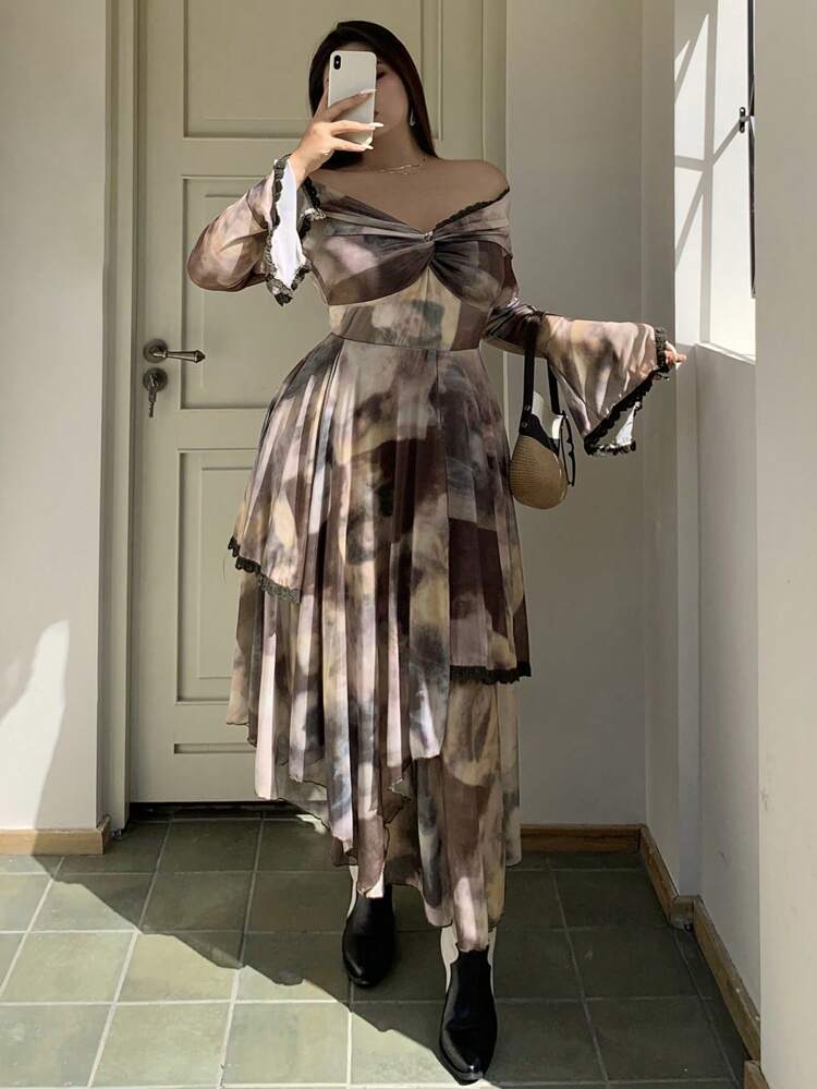 Dazy Plus Plus Size Asymmetrical Tie Dye Gradient Splice Lace Trim Flared Sleeve Split Hem Elegant Off Shoulder Dress,Casual Women Dresses,Fall Dress Long Sleeve Dress
