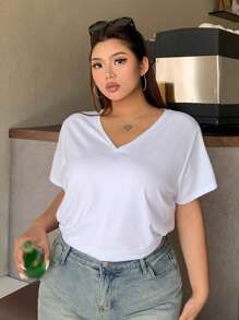 Dazy Plus T-shirt blanc ample à col en V et manches courtes, couleur unie, style preppy, grande taille - Blanc - Voir 7