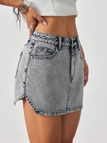 SHEIN ICON 女士高街低腰直筒牛仔中长裙，适合夏季 - 灰色 - 查看 4