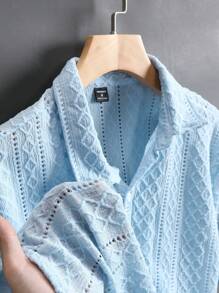 VENTUSAIL Camisa de manga corta de unicolor y textura casual para vacaciones de hombre - Azul - Ver 5