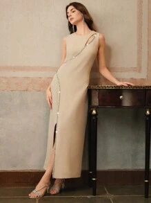 Anewsta 高端奢华设计镂空链条长袖开叉紧身婚纱，适合婚礼宾客 - 杏色 - 查看 4