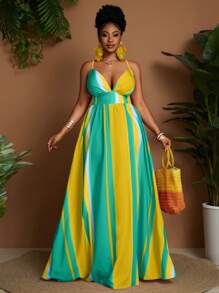 Maweii Plus Size Women's Striped Waist Cinching Maxi Strap Dress - Green - View 4