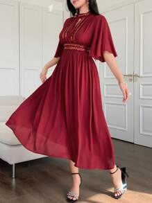 DAZY Vestido de mujer de unicolor con cuello alto, mangas con volantes y pliegues, de largo medio, color rojo - Burdeos - Ver 5