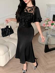 DAZY Women Floral Contrast Mesh Crew Neck Short Sleeve Fishtail Hem Dress, Elegant