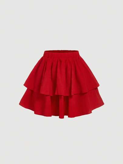 SHEIN MOD Rok Wanita Model Double Layer Warna Polos dengan Pinggang Elastis