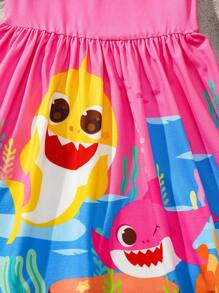 BABY SHARK X SHEIN Young Girl Cartoon Shark Print Pink Bow Cute Sweet Camisole Dress - Pink - View 3