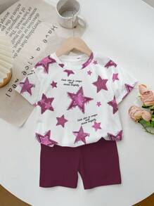 SHEIN Leap Crew 2件套女童休闲简约短袖短裤套装适合夏季 - 彩色 - 查看 2