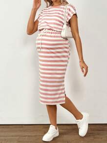 SHEIN Maternity Striped Drop Shoulder Drawstring Waist Split Dress - Pink - View 5