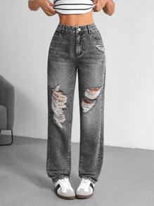 SHEIN Tall Women's Distressed Denim Shorts, Fashionable For Summer - Grey - View 1