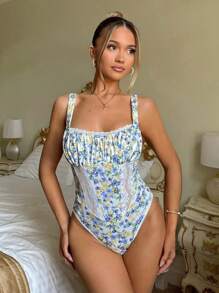 Glamine Charm Sexy Romantic Floral Print Contrast Lace Ruched Camisole Bodysuit - Multicolor - View 2