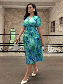 SHEIN Privé Plus Size Floral Print Asymmetrical Hem Ruffle Dress, Elegant French Romantic Style, Suitable For Fall - Multicolor - View 3