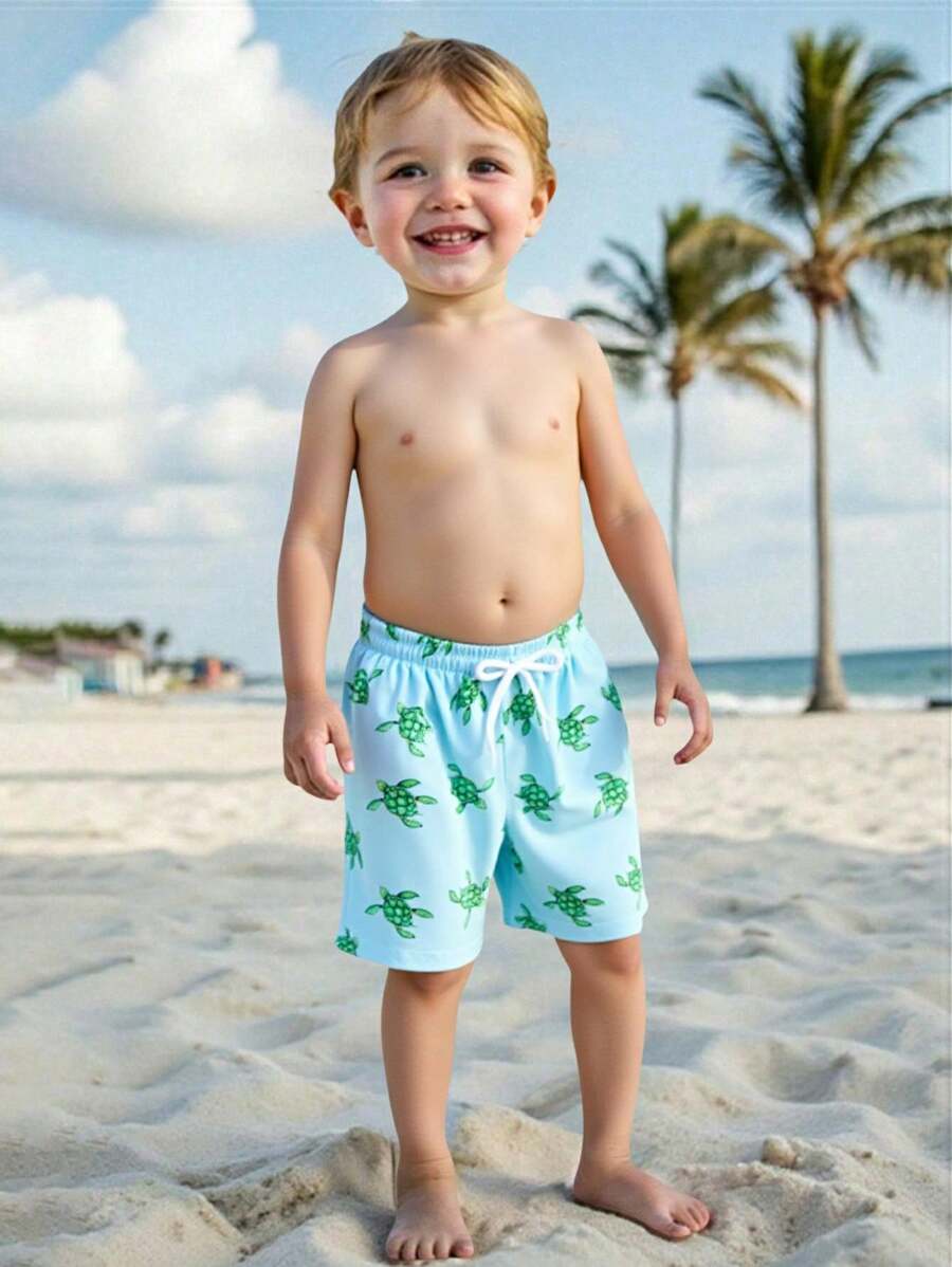 Young Boy Green Turtle Pattern Drawstring Beach Shorts Young Boys 2 Pieces Youth Boys Shorts Young Boys Casual Sets Young Boys Suit Set Beach Clothes For Boys - Blue - View 1