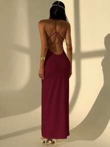 Aloruh Elegant Solid Color Sexy Backless Tie Design Sleeveless Formal Gown Beach Summer Dresses For Women - Burgundy - View 5