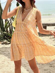 Jouncy Women V-Neck Sleeveless Plaid Dress, Suitable For Summer Casual Vacation - Multicolor - View 1