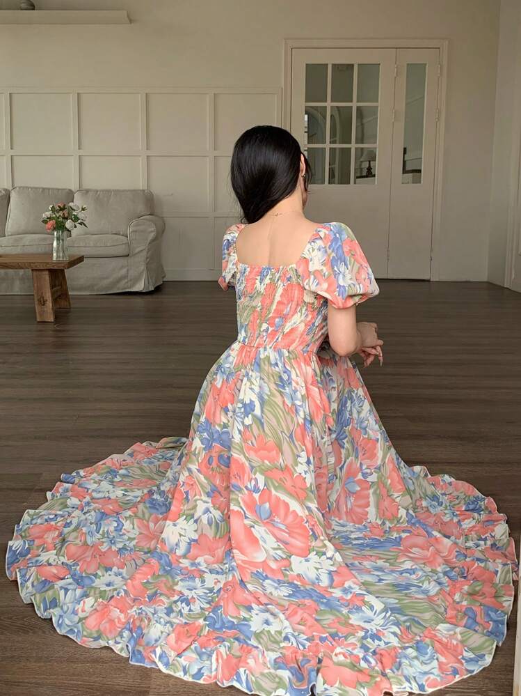 Modelyn Vestido midi de mujer de manga corta con cintura fruncida y estampado floral - Multicolor - Añade 2