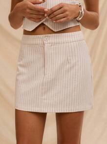 SHEIN Forever 21 女士低腰条纹裙，通勤风格，夏季 - 米色 - 查看 1