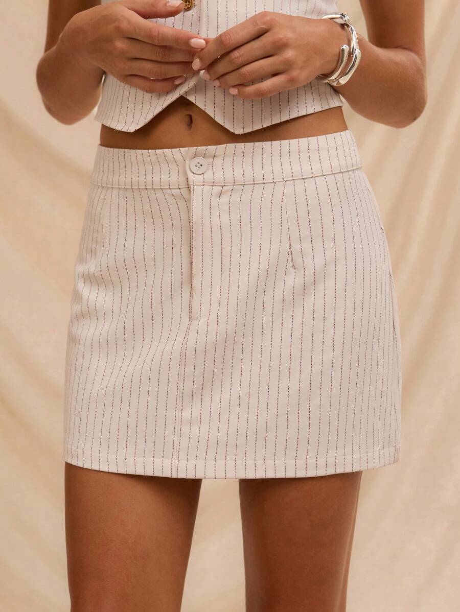 SHEIN Forever 21 女士低腰条纹裙，通勤风格，夏季 - 米色 - 查看 1