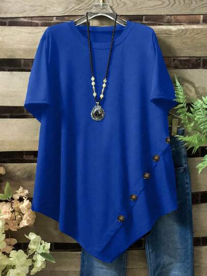 Plus Size Summer Casual Loose Button Decor Asymmetric Hem T-Shirt