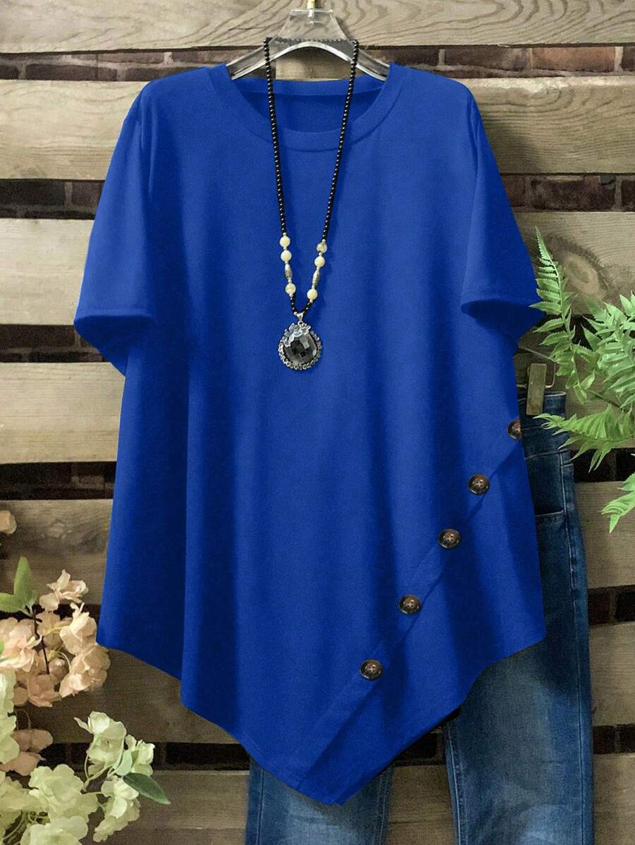 Plus Size Summer Casual Loose Button Decor Asymmetric Hem T-Shirt - Royal Blue - View 1