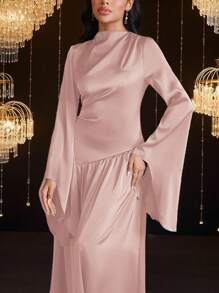 Veilorie 女士长袖连衣裙，纯色，夏季时尚 - 粉色 - 查看 5